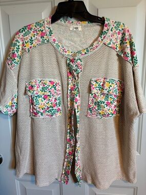 J HER Cream Floral-Trim Button Down Top